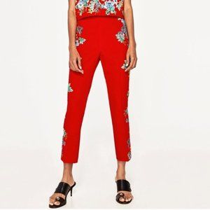 Zara Red Floral Printed Kick Flare Stretch Pants